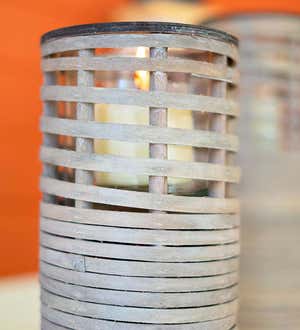 Gray Rattan Lanterns with Glass Inserts, Set of 3