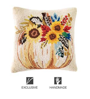 Pumpkin and Feathers Hand-Hooked Wool Decorative Throw Pillow, 16"Sq.