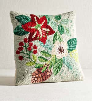 Boho Holiday Wool Hand-Hooked Throw Pillow, 16"sq.