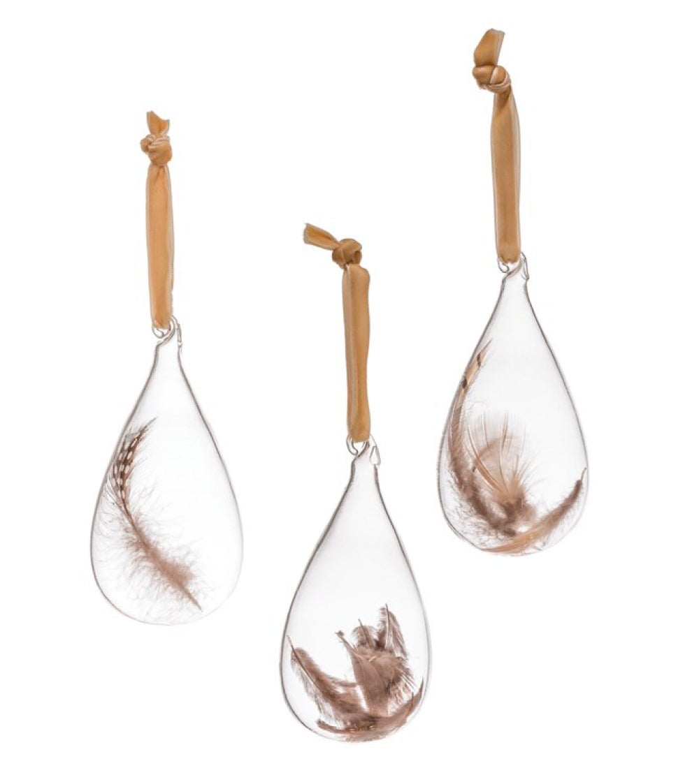 Glass Teardrop Ornament with Feather, Set of 3