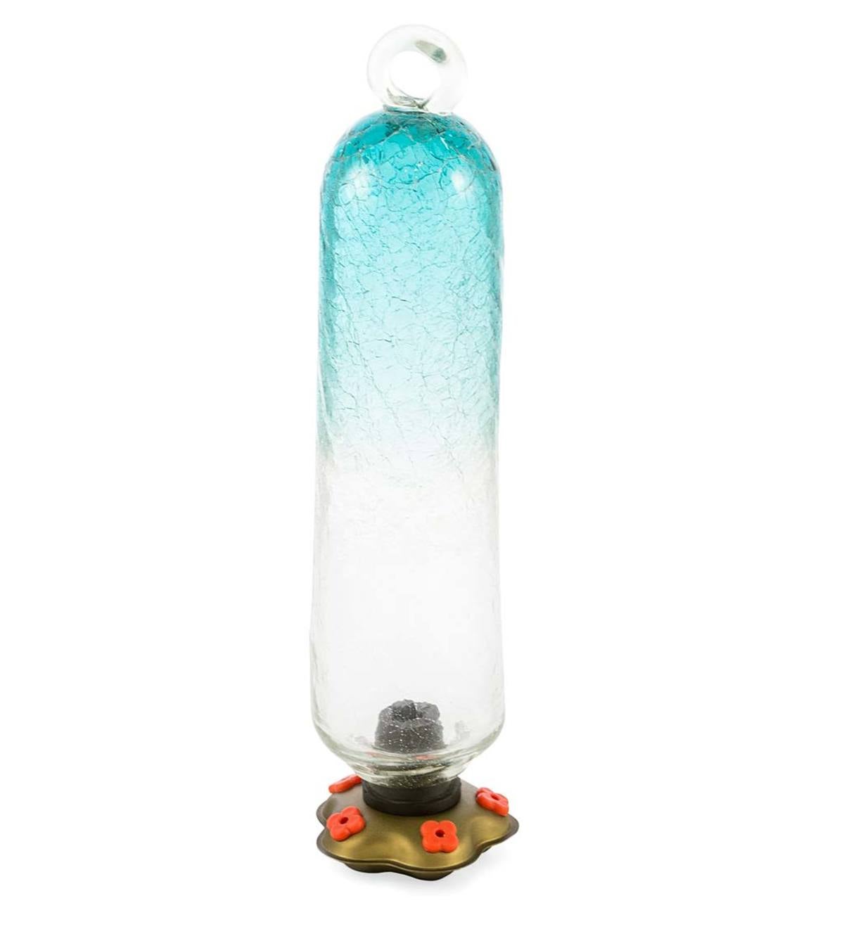 Recycled Glass Tall Hummingbird Feeder - Aqua