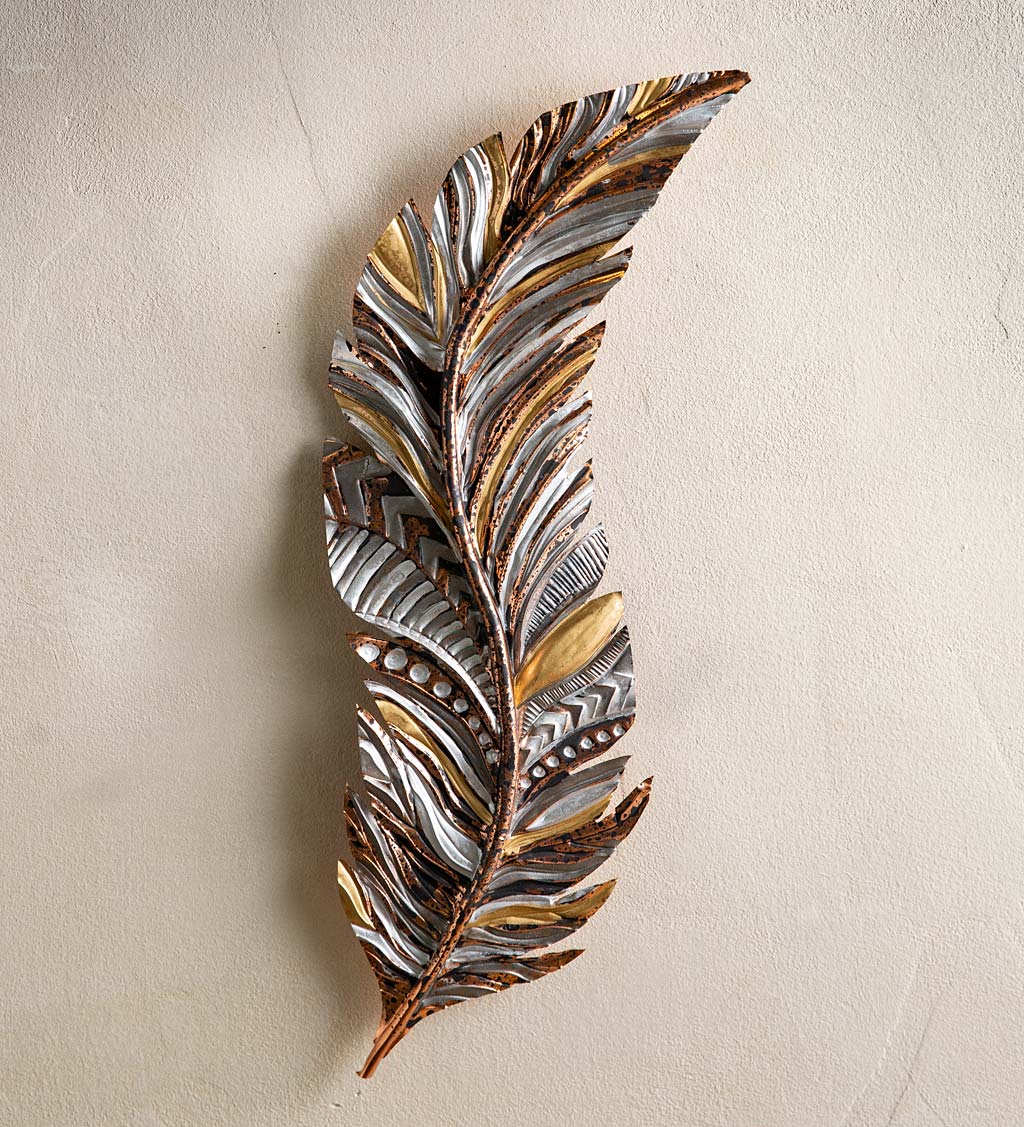 Artisan-Made Floating Feather Metal Wall Art, Gold Metallic