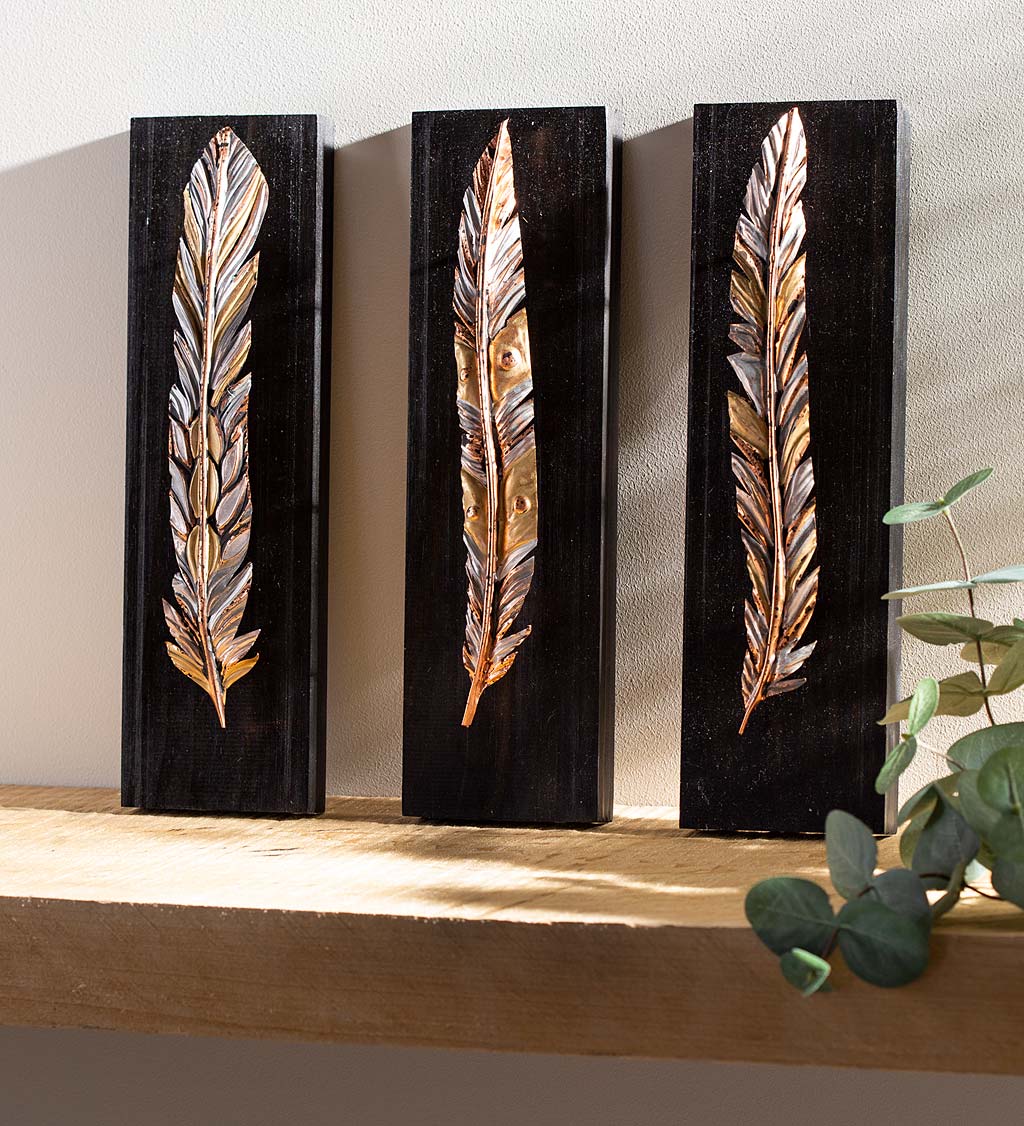 Artist-Made Metal Feather Wall Art on Wood Mount