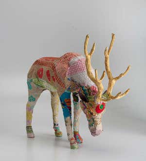 Upcycled Kantha Deer Grazing Stag, Giant