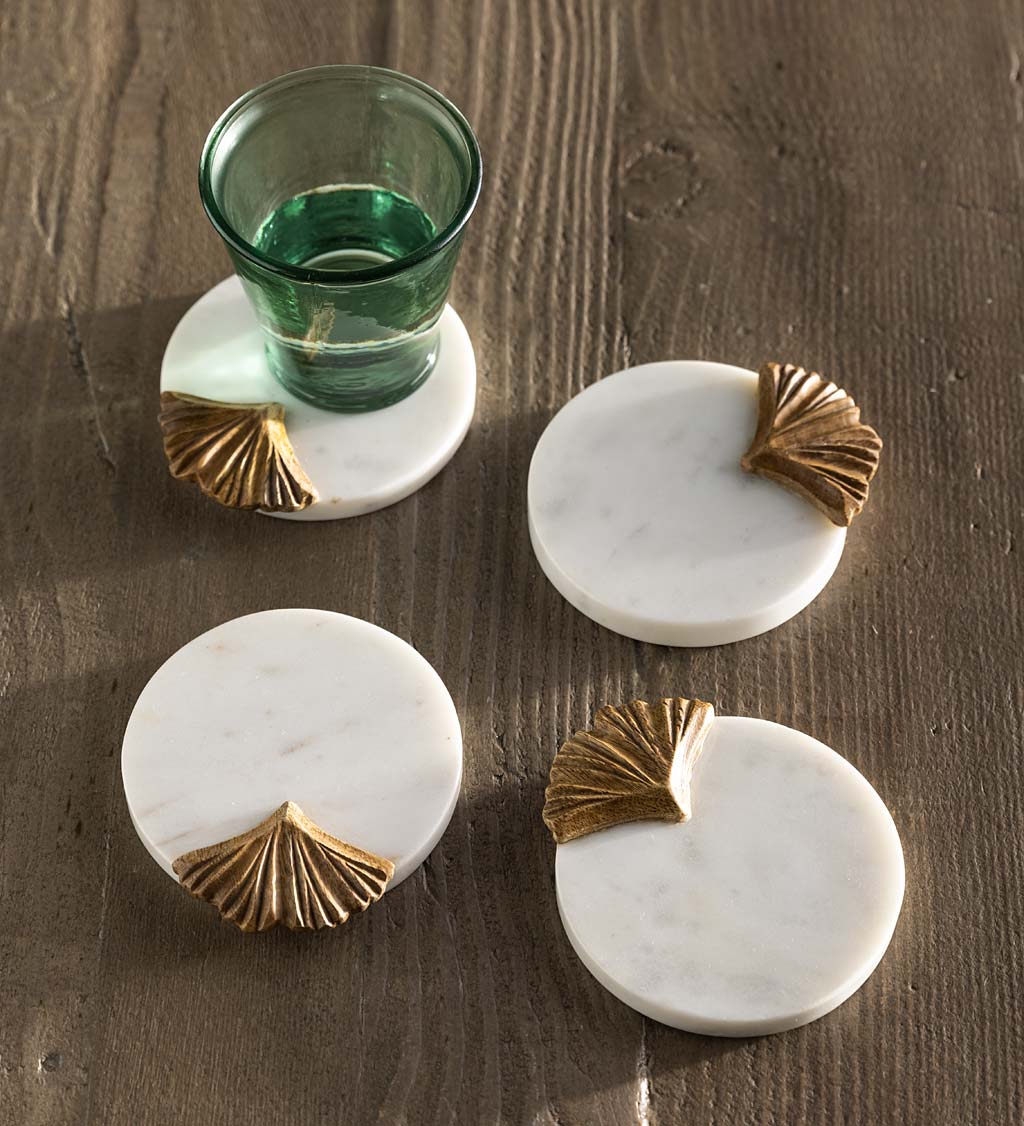 Ginkgo Leaf Marble and Wood Coasters, Set of 4