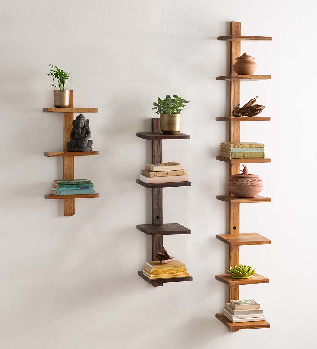 Set of 2 Wood Wall Shelves Storage Unit Rack Floating Display Shelves with  Hooks