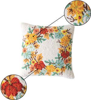 Pumpkin Wreath Hand-Hooked Wool Decorative Throw Pillow, 16"Sq.