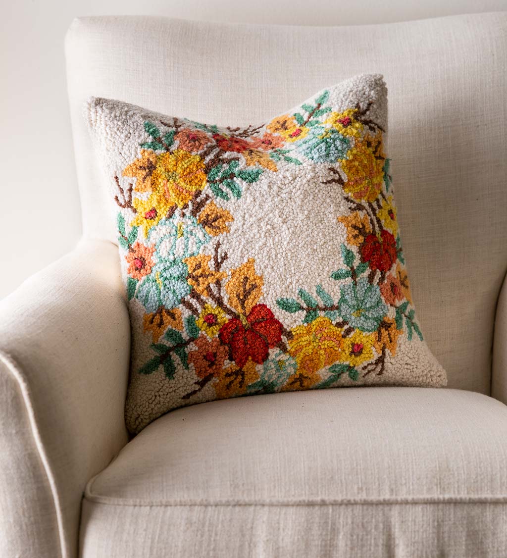 Hand-Hooked Wool Fall Leaves Throw Pillow