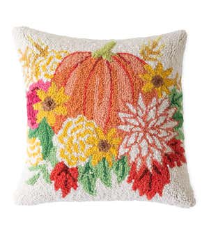 Floral Pumpkin Hand-Hooked Wool Decorative Throw Pillow, 16"Sq.