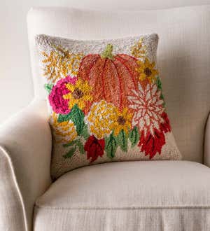 Floral Pumpkin Hand-Hooked Wool Decorative Throw Pillow, 16"Sq.