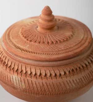 Artisanal Carved Clay Mini Pots with Lids, Set of 6