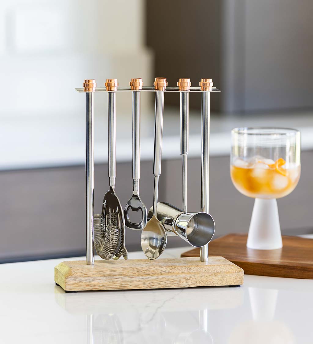 Wood and Stainless Steel Bar Set with Stand