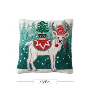Deer with Trees Hand-Hooked Throw Pillow, 16"Sq.