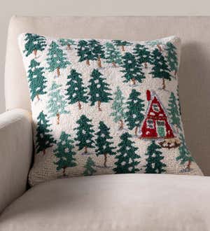 A-Frame Chalet Hand-Hooked Wool Throw Pillow, 16" Sq.