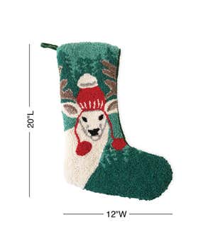 Deer with Tree Hand-Hooked Wool Christmas Stocking