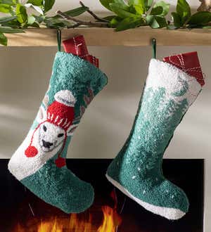 Deer with Tree Hand-Hooked Wool Christmas Stocking