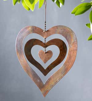 Hanging Flamed Copper Finish Triple Spinning Heart, Small