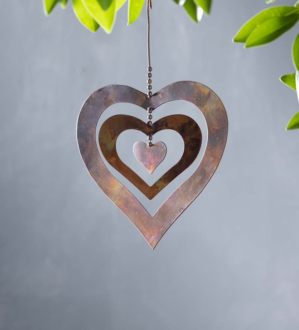 Hanging Flamed Copper Finish Triple Spinning Heart, Small