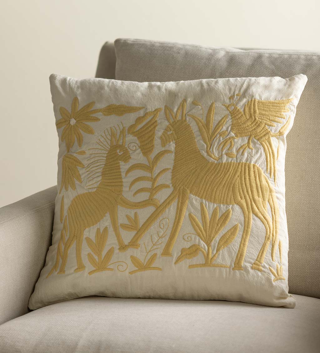 Otomi Mexican Embroidered Animal Stitched Pillow Cover, Tan Deer