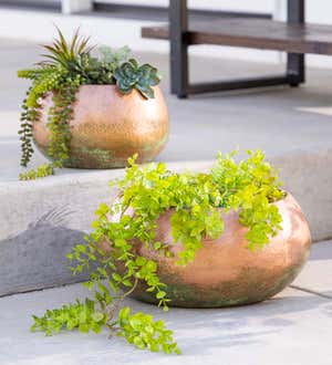 Hammered Copper Patina Planters, Set of 2