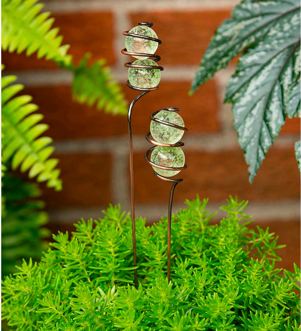 Double Coil Solar-Powered Glass Orb Stakes, Set of 3