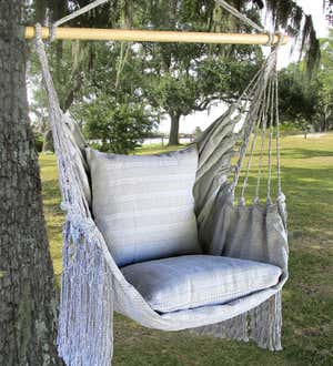 Upcycled Gray Denim Fringe Hammock Swing Chair with Pillows