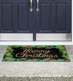 Merry Christmas Holly Coir Doormat
