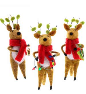 Felted Wool Reindeer Ornaments, Set of 3