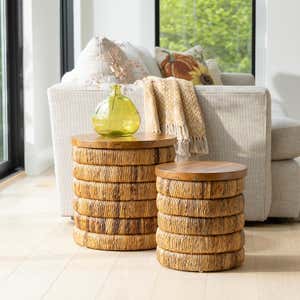 Abaca Woven Drum Nesting Tables, Set of 2