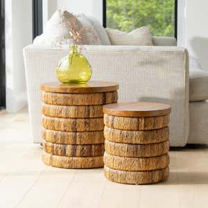 Abaca Woven Drum Nesting Tables, Set of 2