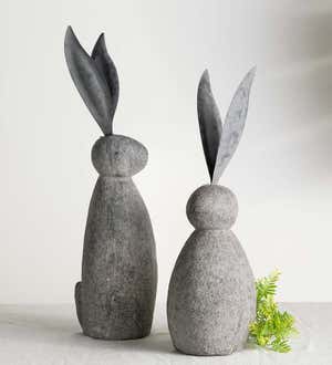 Faux Stone and Metal Rabbit Sculptures