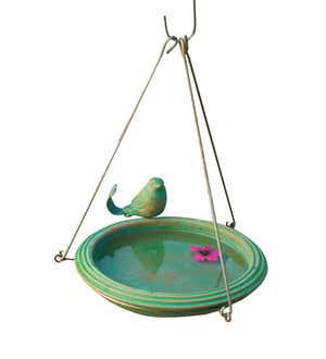 Hanging Birdbath with Perched Bird