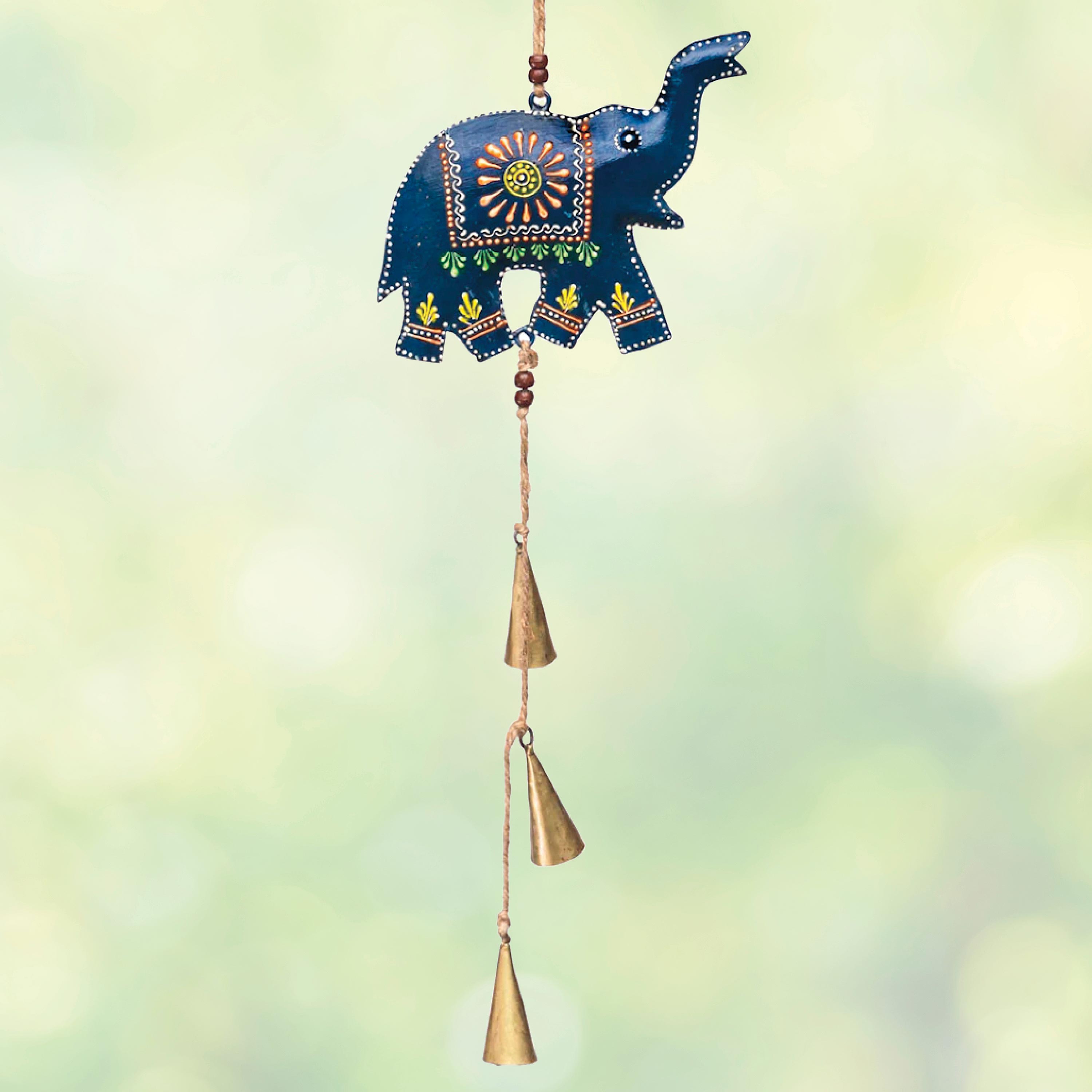 Hand-Painted Henna Elephant Wind Chime with Bells