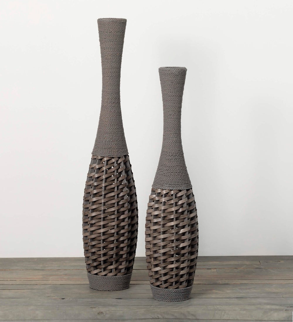 Two-Toned Gray Woven Rattan Vases, Set of 2