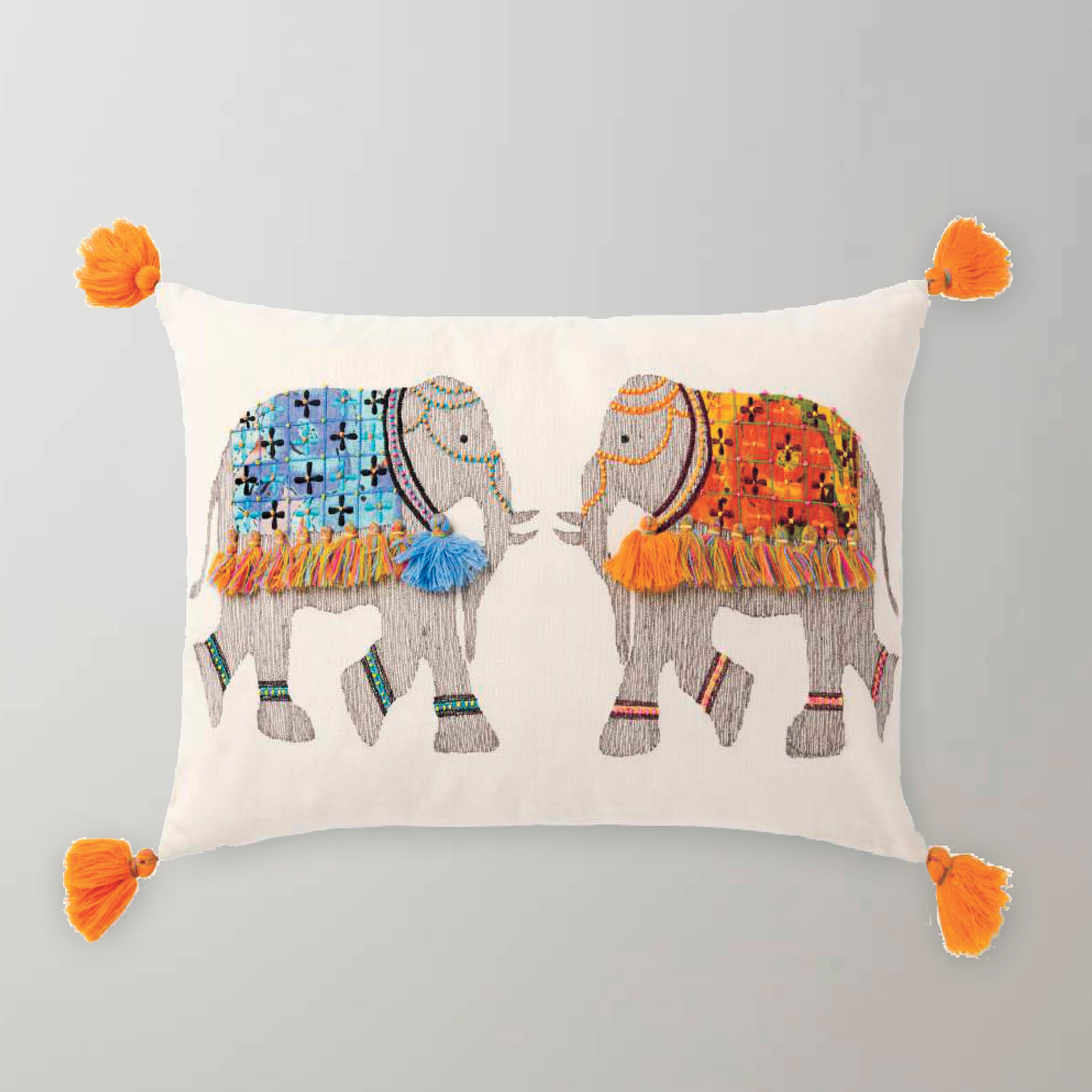 Two Elephants Fringed Accent Pillow