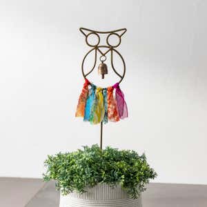 Swapna Owl Bell Garden Stake With Upcycled Sari