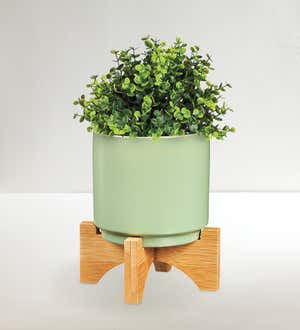 4" Ceramic Planter with Wood Stand, Set of 3