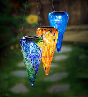 7" Solar Hanging Art Glass Conical Lantern, Set of 3