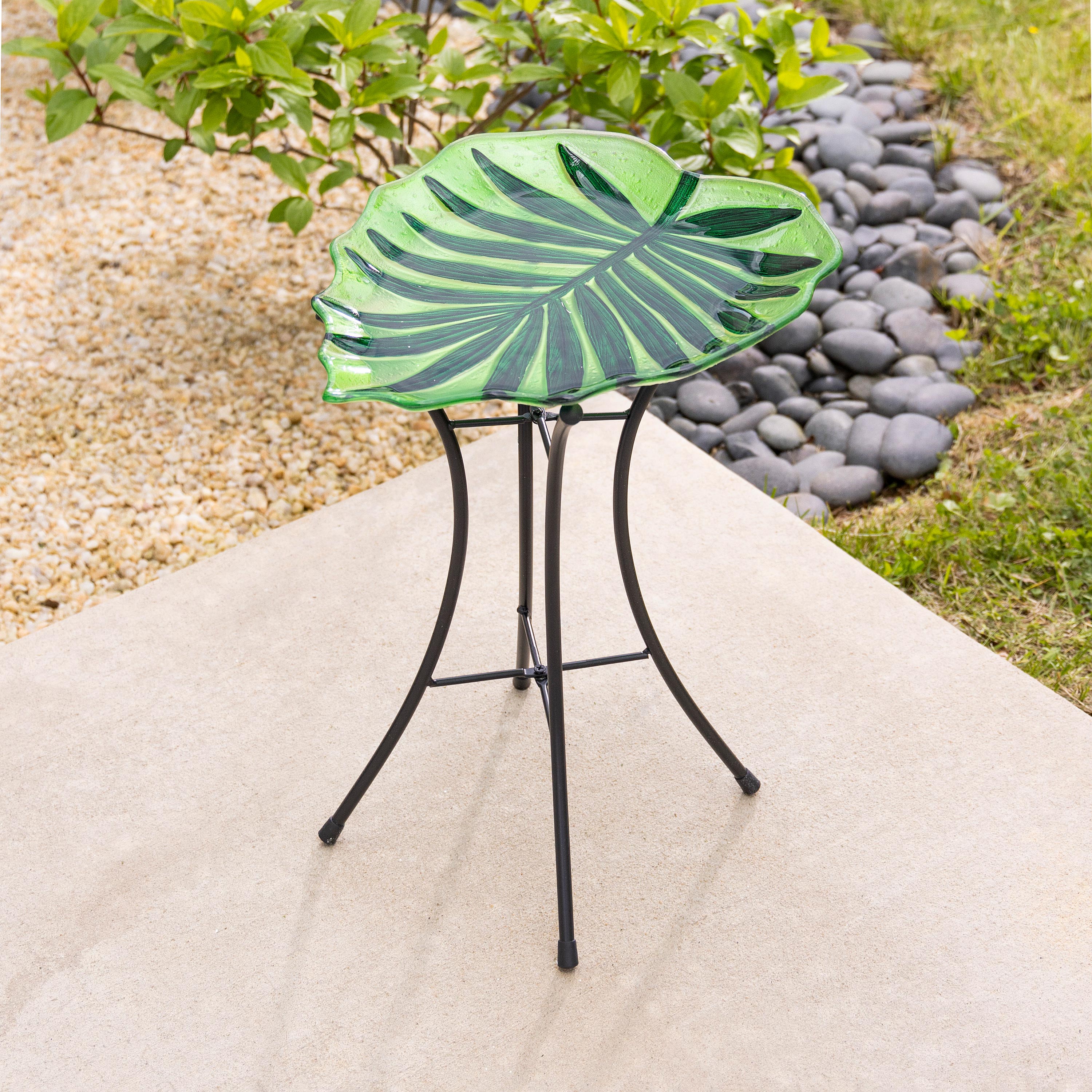Glass Leaf Birdbath with Metal Stand