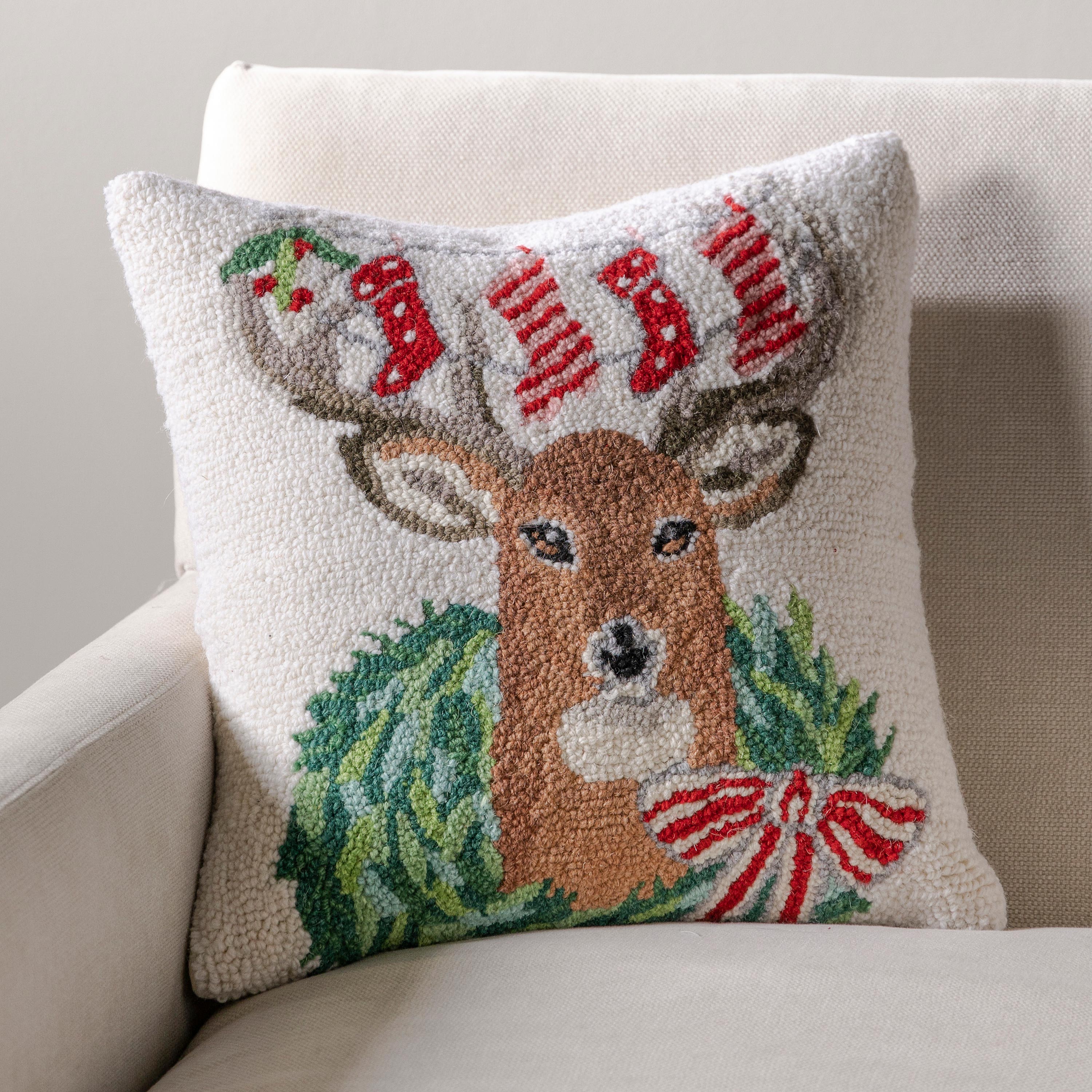 Reindeer with Wreath Hand-Hooked Pillow