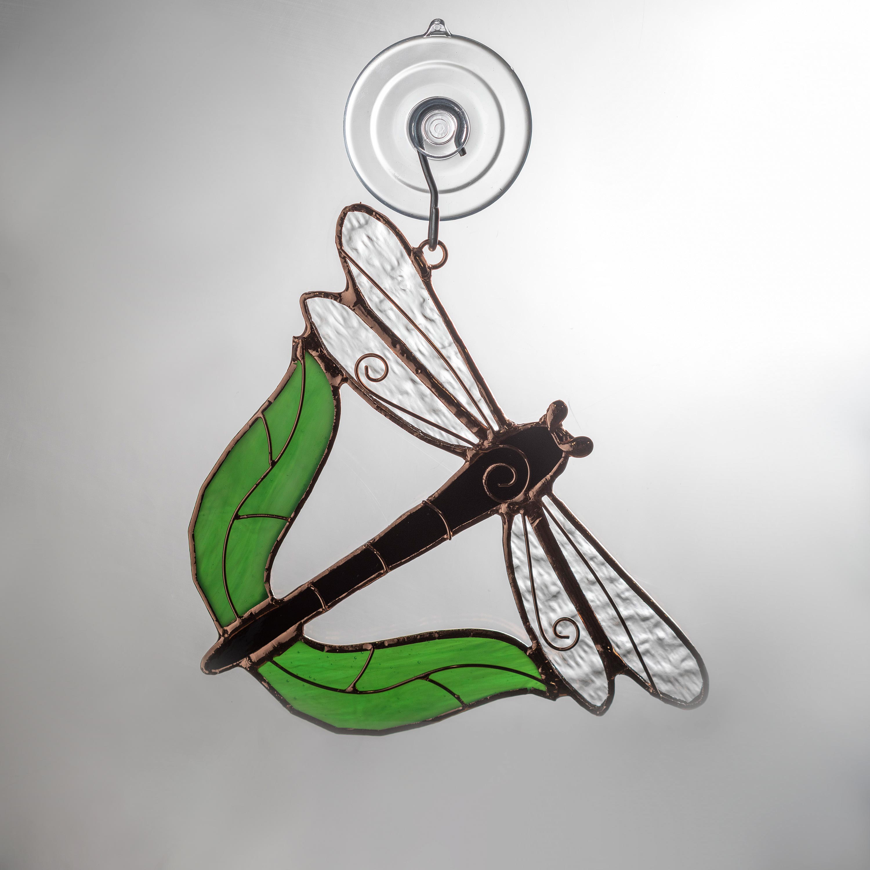 Hand-Cut Stained Glass Dragonfly Suncatcher.