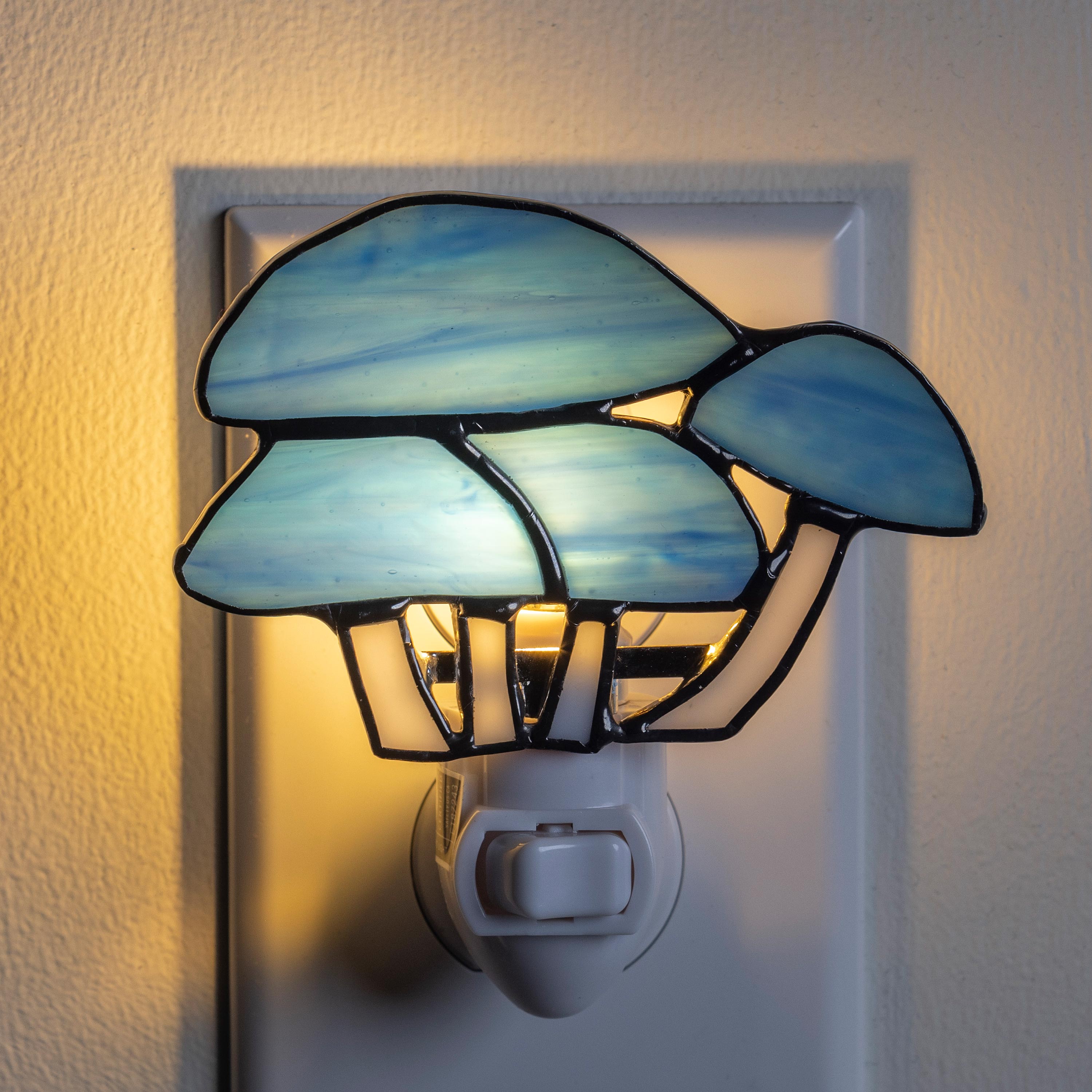 Handcrafted Stained Glass Blue Mushrooms Night Light