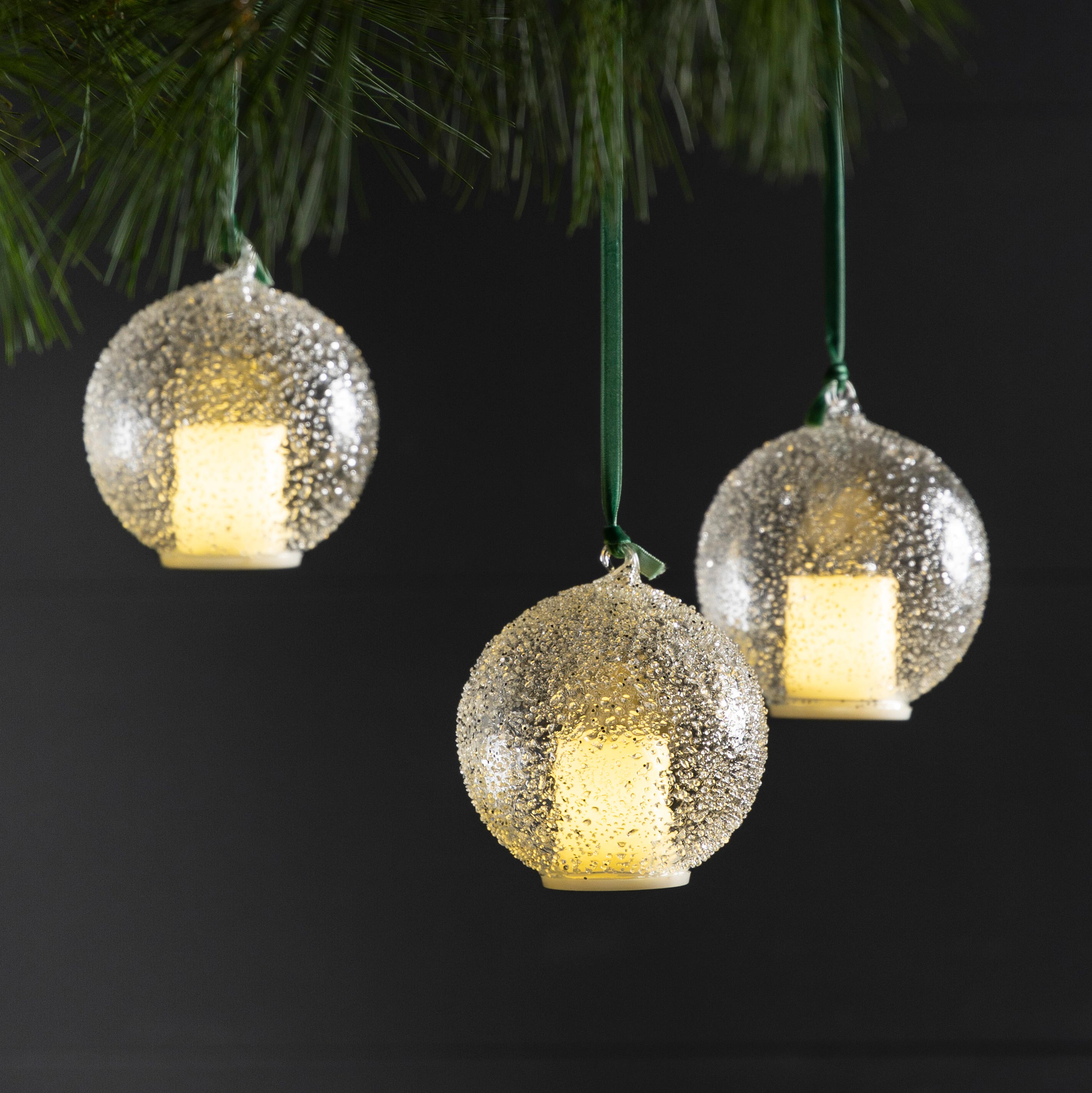 LED Candle and Glass Ornaments, Set of 3