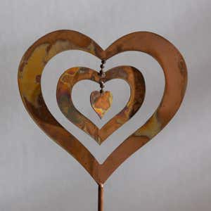 Handcrafted Flamed Copper Spinning Heart Garden Stake