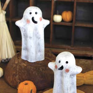 Artisan-Made Clay Ghost Lanterns, Set of 2