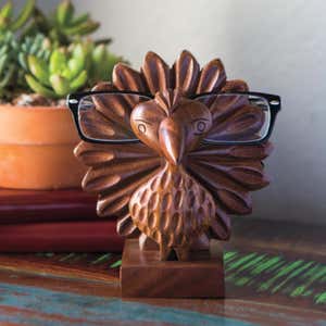 Hand-Carved Sheesham Wood Peacock Eyeglass Holder
