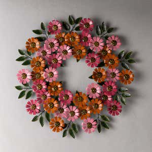Handcrafted Pink and Orange Zinnias Metal Wreath