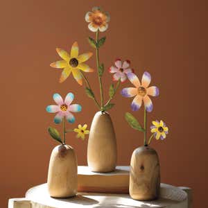 Painted Metal Flowers with Wooden Bases, Set of 3