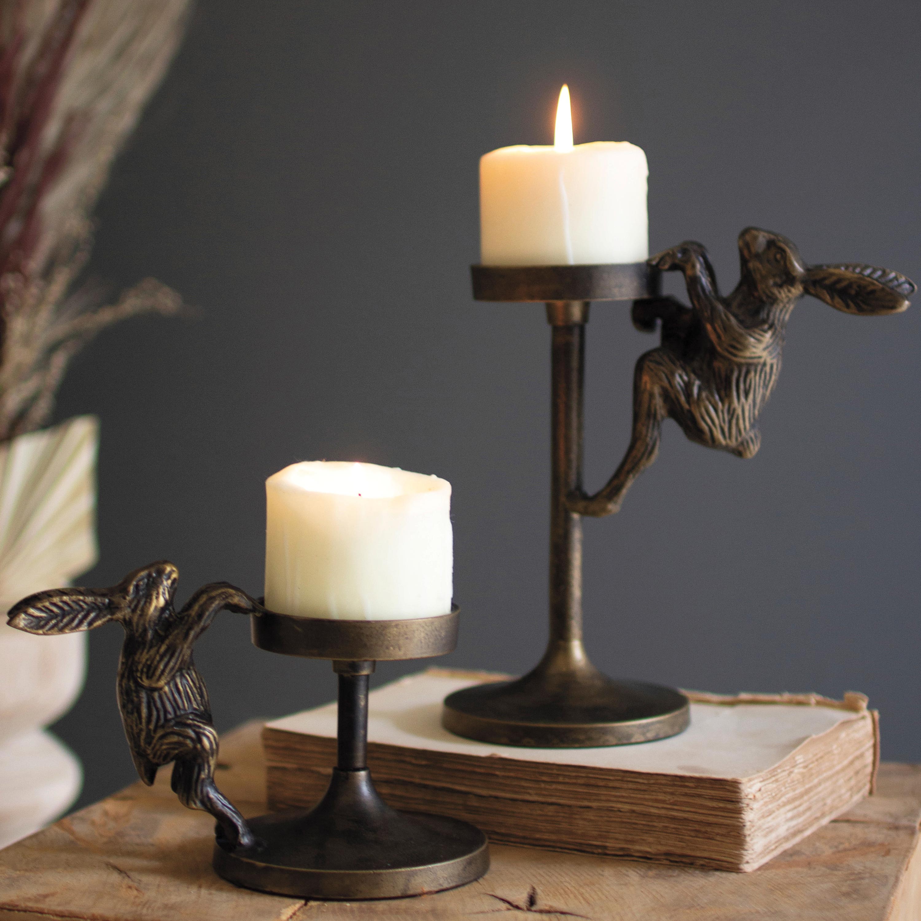 Antique Brass Rabbit Candle Holders, Set of 2