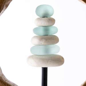 Teak Wood Encircled Glass and Rock Cairn Garden Stake